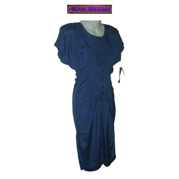 Vintage 80's 90's All That Jazz Blue Dress Satin Deadstock Dynasty Pleated S VTG - Picture 2 of 9